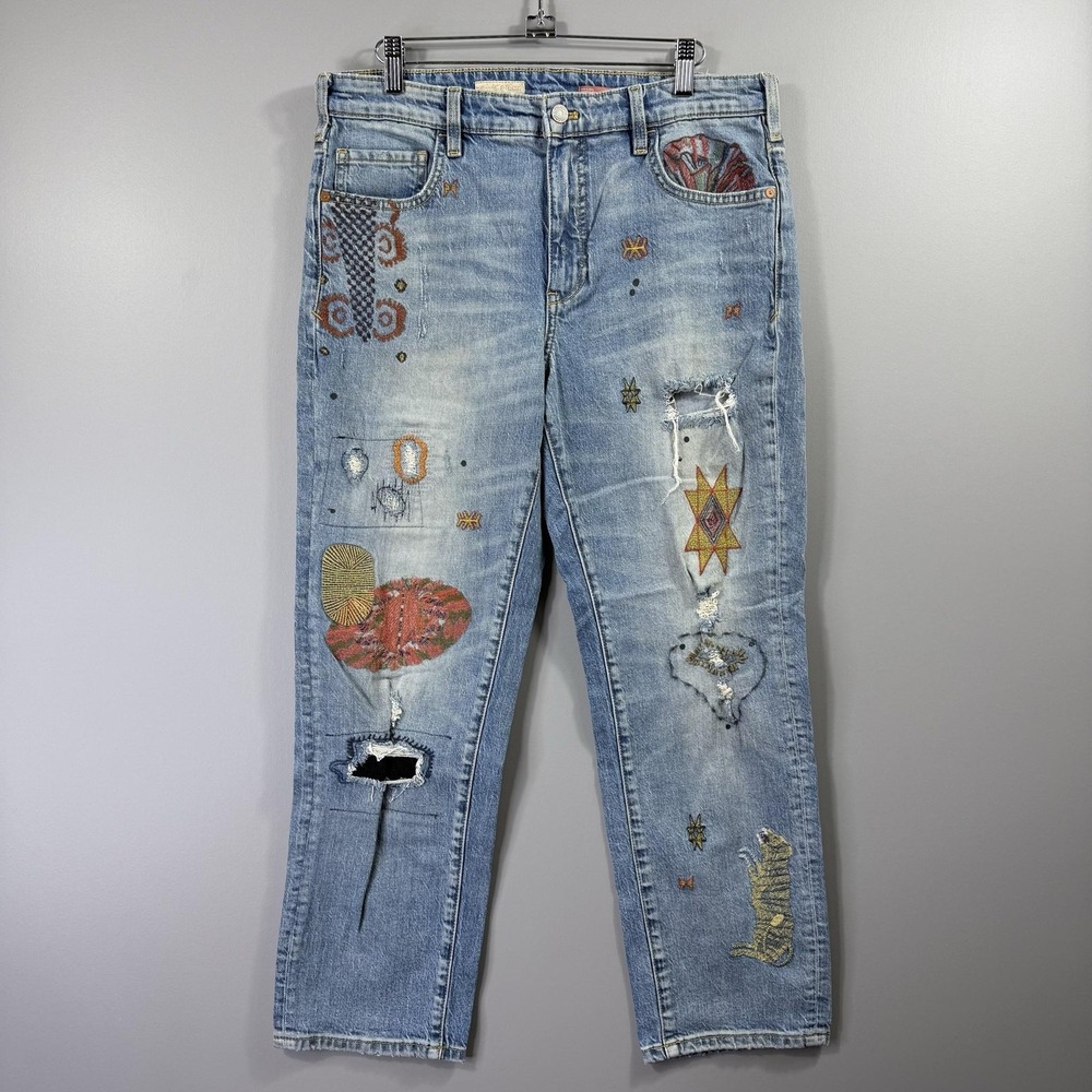 Anthropologie Pilcro Patchwork Embroidered Jeans Boho Womens 28 Light Wash Denim